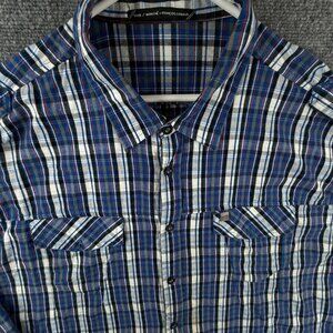 Marithe Francois Girbaud Button Up Long Sleeve Men Plaid Blue 2XL Epaulettes